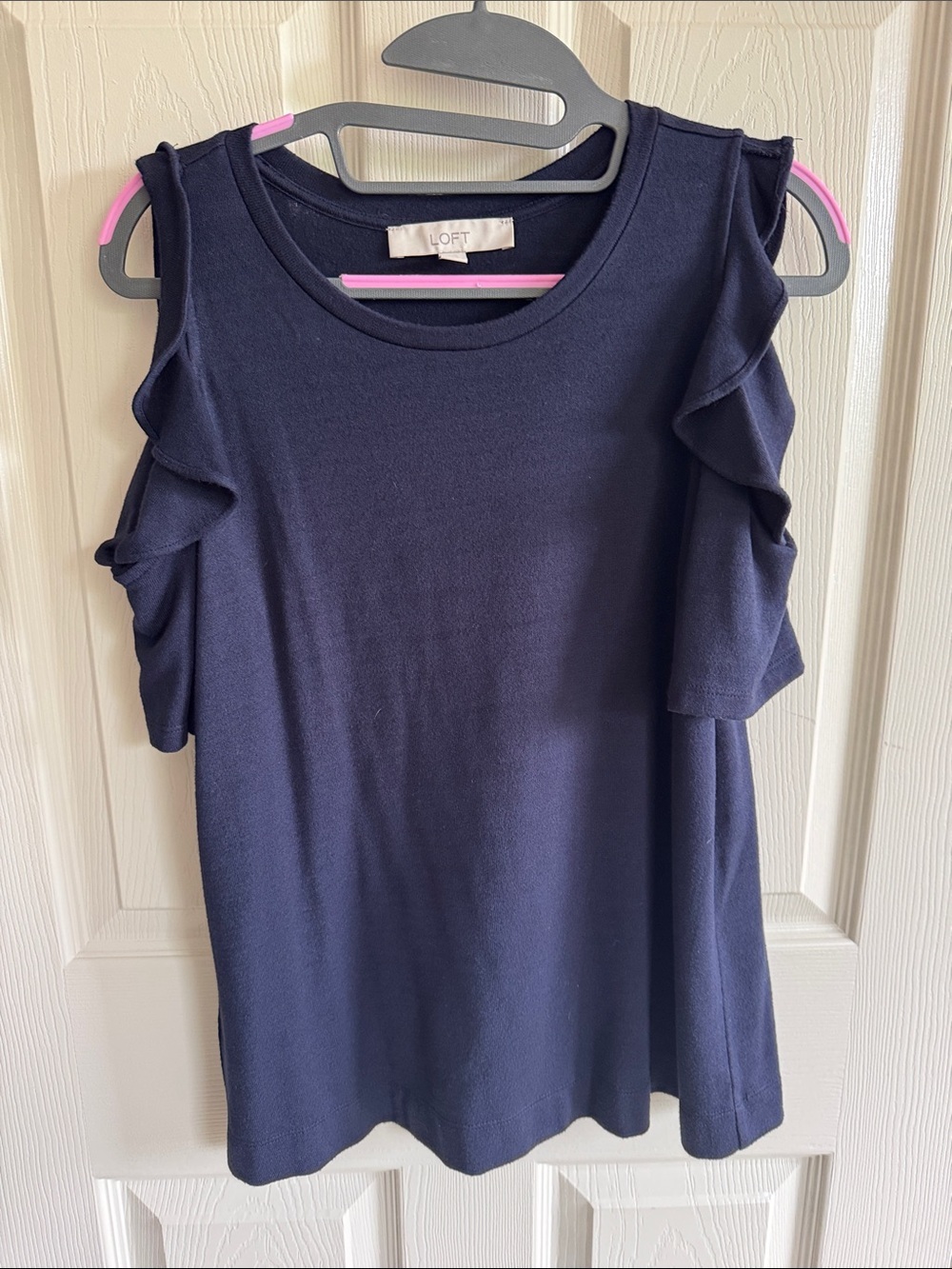 LOFT Navy Ruffle Cold-Shoulder Top - Picture 2 of 6